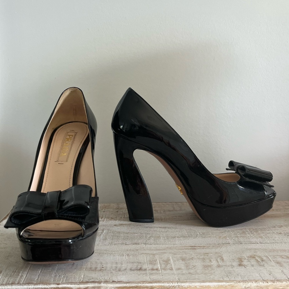 Prada black patent peep toes heels
